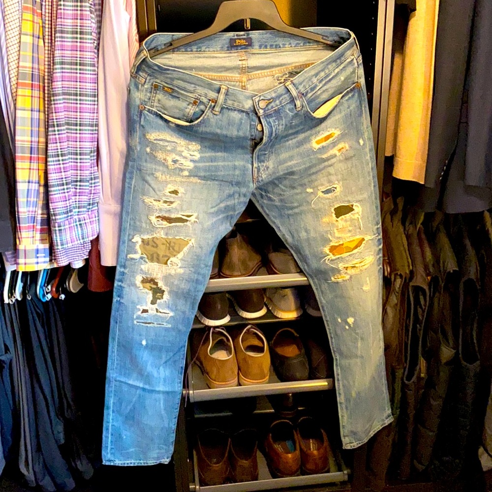 Size 35x32, Distressed, straight-leg, Polo Jeans!  Denim blue with camouflage.